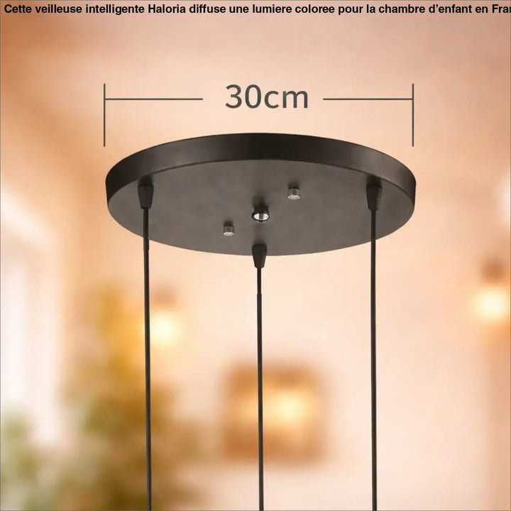 Suspension luminaire aria avec plaque de fixation noire de 30 cm de diamètre et trois cordons suspendus bouteille colorée