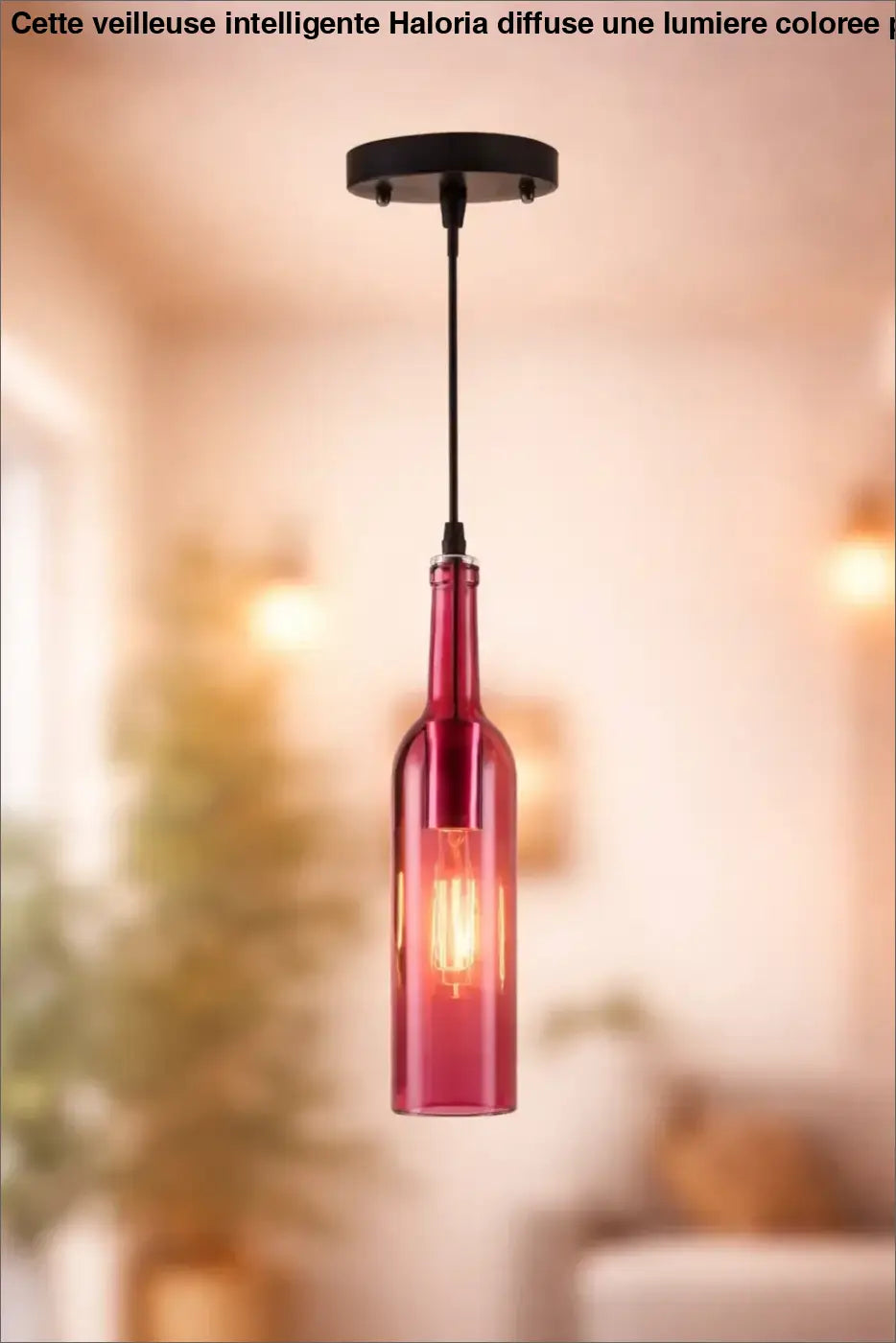 Suspension luminaire bouteille colorée en verre rouge translucide avec fixation et cordon métal noir au plafond