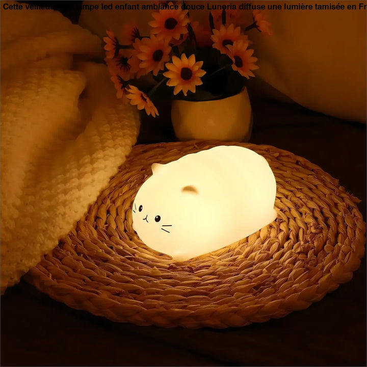 Veilleuse iris lampe led enfant douce ambiance forme chat blanc pelucheux avec visage noir simple