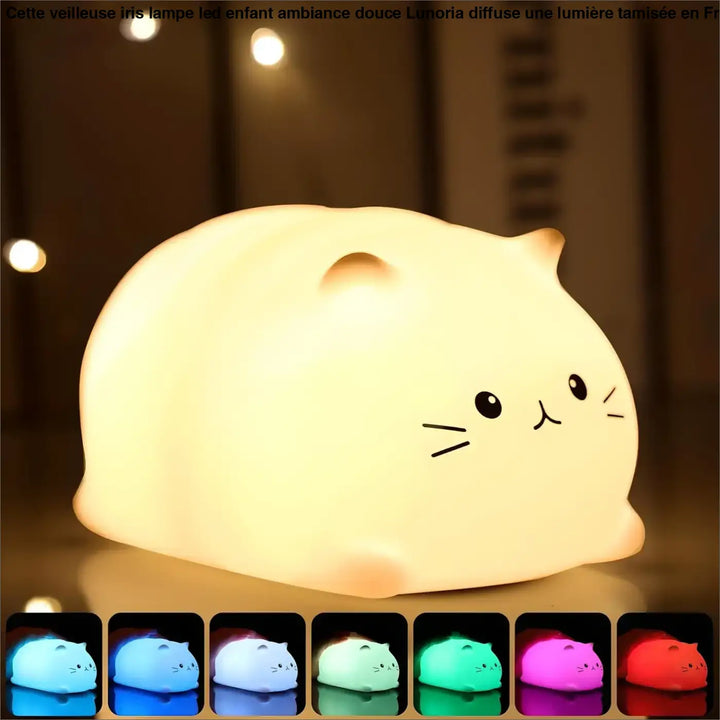 Veilleuse iris lampe led enfant en silicone blanc doux en forme de chat avec visage cartoon et options de couleurs