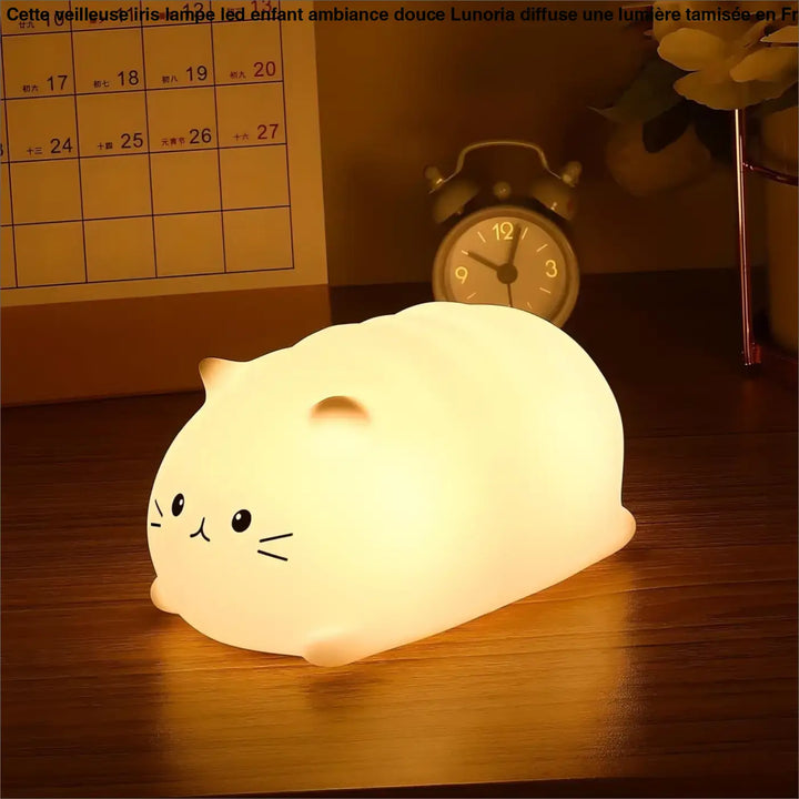 Veilleuse iris lampe led enfant douce ambiante en forme de chat en tissu blanc moelleux avec visage noir simple