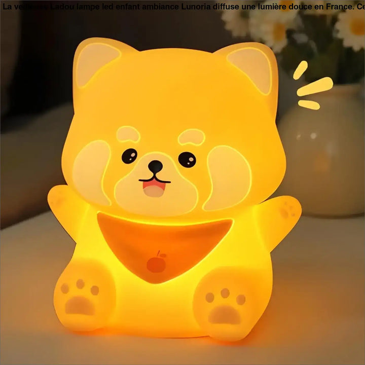 Veilleuse ladou lampe led enfant en forme dours en peluche jaune lumineux avec visage souriant et empreintes de pattes