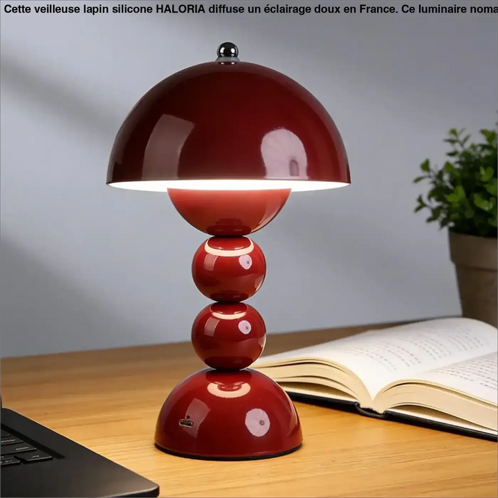 Lampe de table velvet rouge laqué avec design chevet rétro chic en forme de champignon brillante à base sphérique empilée