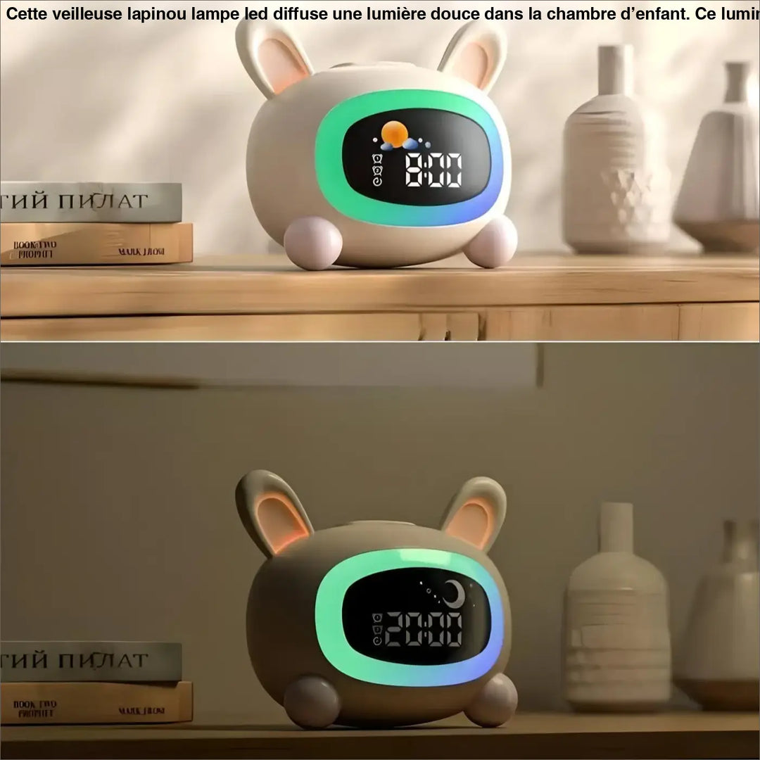 Cute veilleuse lapinou lampe led beige pour chambre d’enfant avec affichage led vert et bleu du temps et heure
