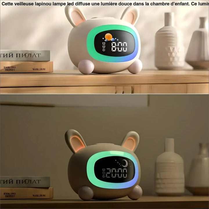 Cute veilleuse lapinou lampe led beige pour chambre d’enfant avec affichage led vert et bleu du temps et heure