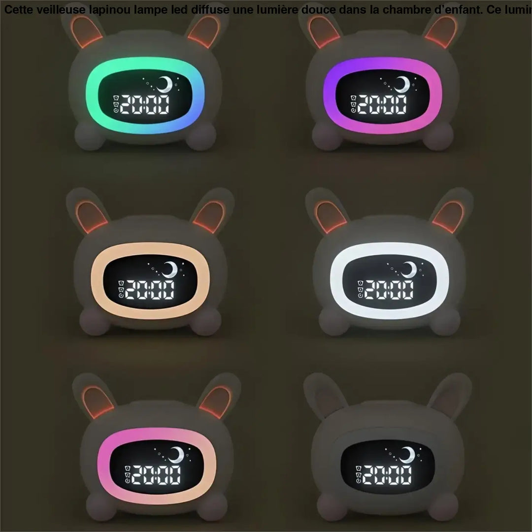 Veilleuse lapinou lampe led grise en forme de lapin avec oreilles lumineuses et affichage coloré pour chambre d’enfant