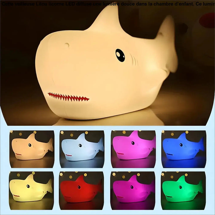 Veilleuse lilou licorne led forme requin crème avec dents rouges zigzag idéale pour chambre d’enfant