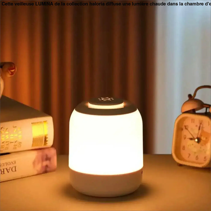 Veilleuse lumineuse lumina cylindrique blanche avec top noir, icône soleil et douce devient pour réveils nocturnes