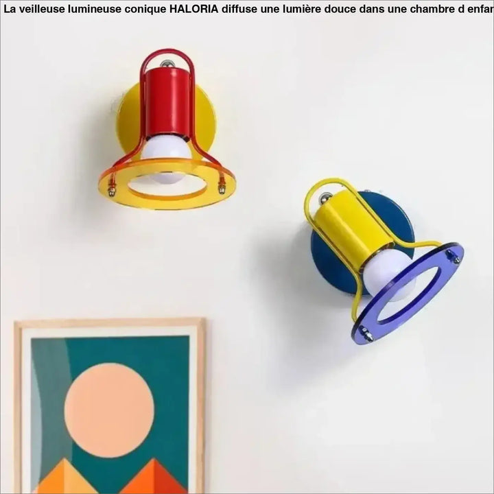 Applique murale vinty avec accents rouge et jaune vif sur une lampe et base bleue avec bordure jaune sur l’autre