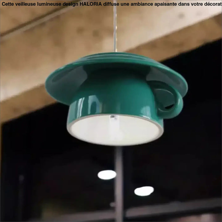 Suspension luminaire tasse en céramique teal avec intérieur blanc et anse design contemporain suspendue par fil fin