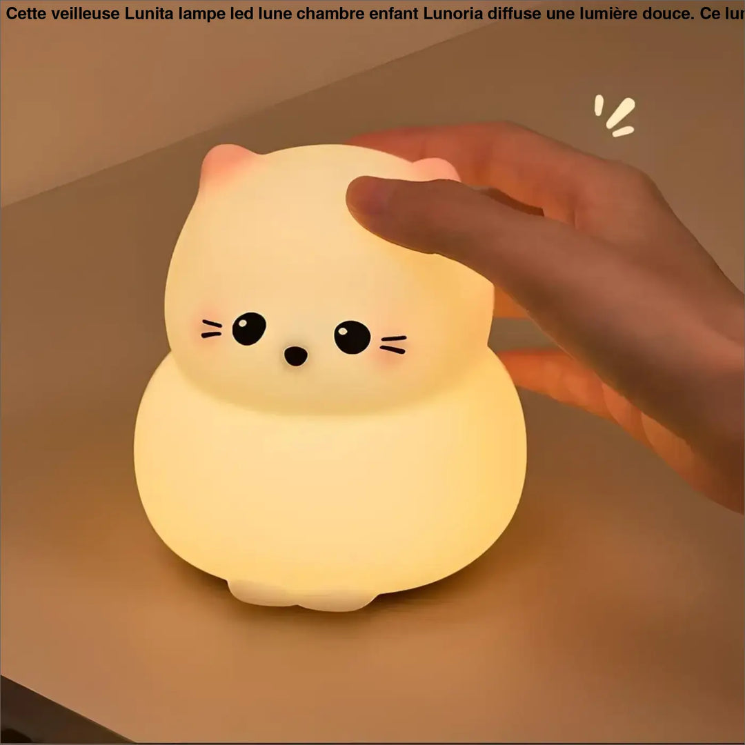 Veilleuse lunita lampe led lune en silicone crème douce en forme de chat avec yeux et nez brodés noirs pour chambre enfant