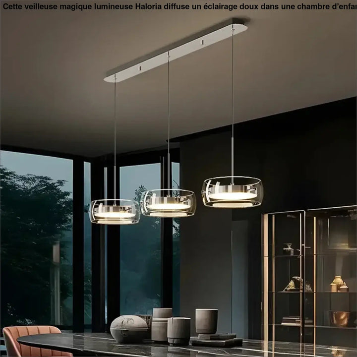 Suspension luminaire simpa avec abat-jours en verre clair et supports métalliques modernes suspendus au plafond blanc