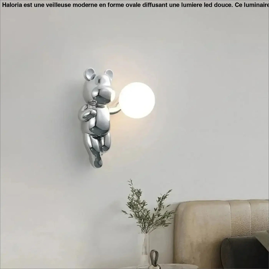 Applique murale en chrome brillant forme d’ours avec ampoule sphérique blanche design moderne teddy