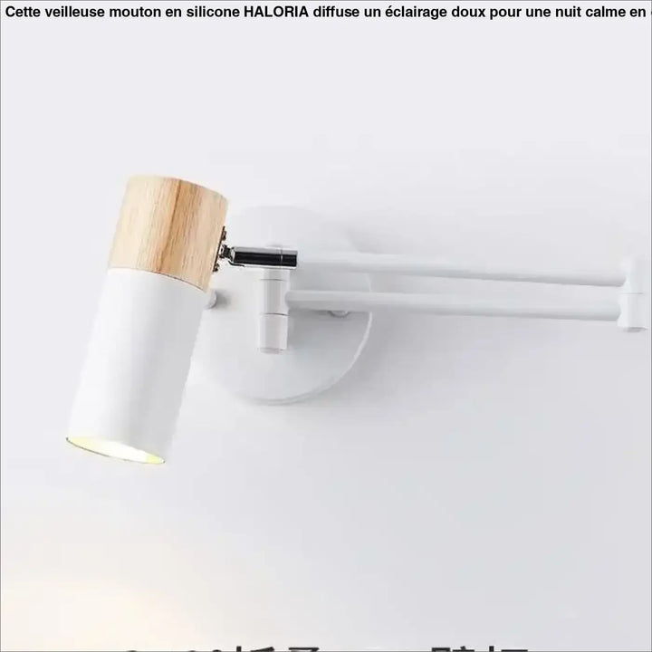 Applique murale style contemporain blanc avec dessus en bois et bras réglable pour intérieur moderne