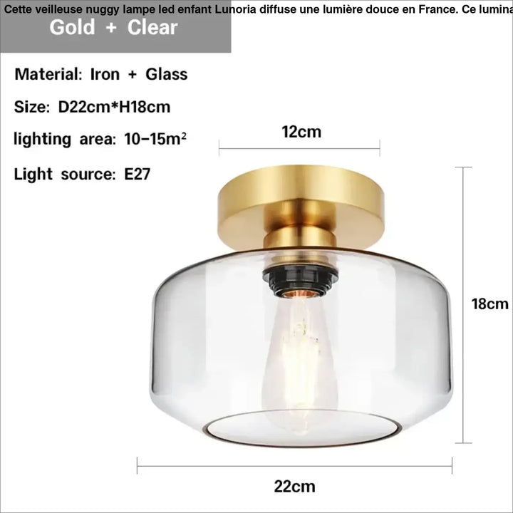 Applique plafonnier design doré avec abat-jour en verre