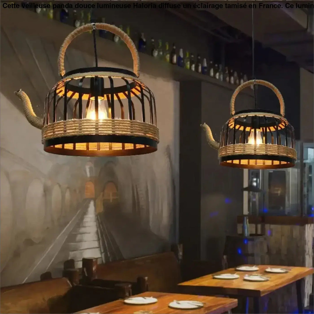 Suspension luminaire hemppa en forme de bouilloire en rotin et métal noir avec poignées en corde pour décoration intérieure lumière chaude