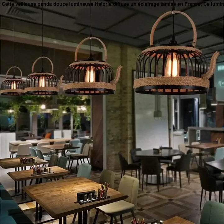 Suspension luminaire hemba en fer forgé noir avec accents en corde tressée et lumière chaude à ampoules à filament exposé pour décoration intérieure