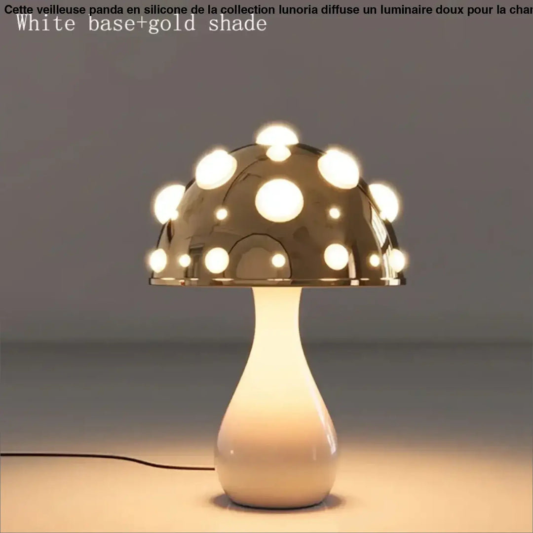 Lampe de chevet champignon à pois blancs avec base blanche brillante et abat-jour doré reflectant avec ampoules circulaires