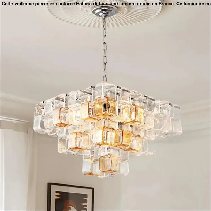 Suspension luminaire cubique en verre clair et ambré avec chaîne chrome et fixation plafond lumia