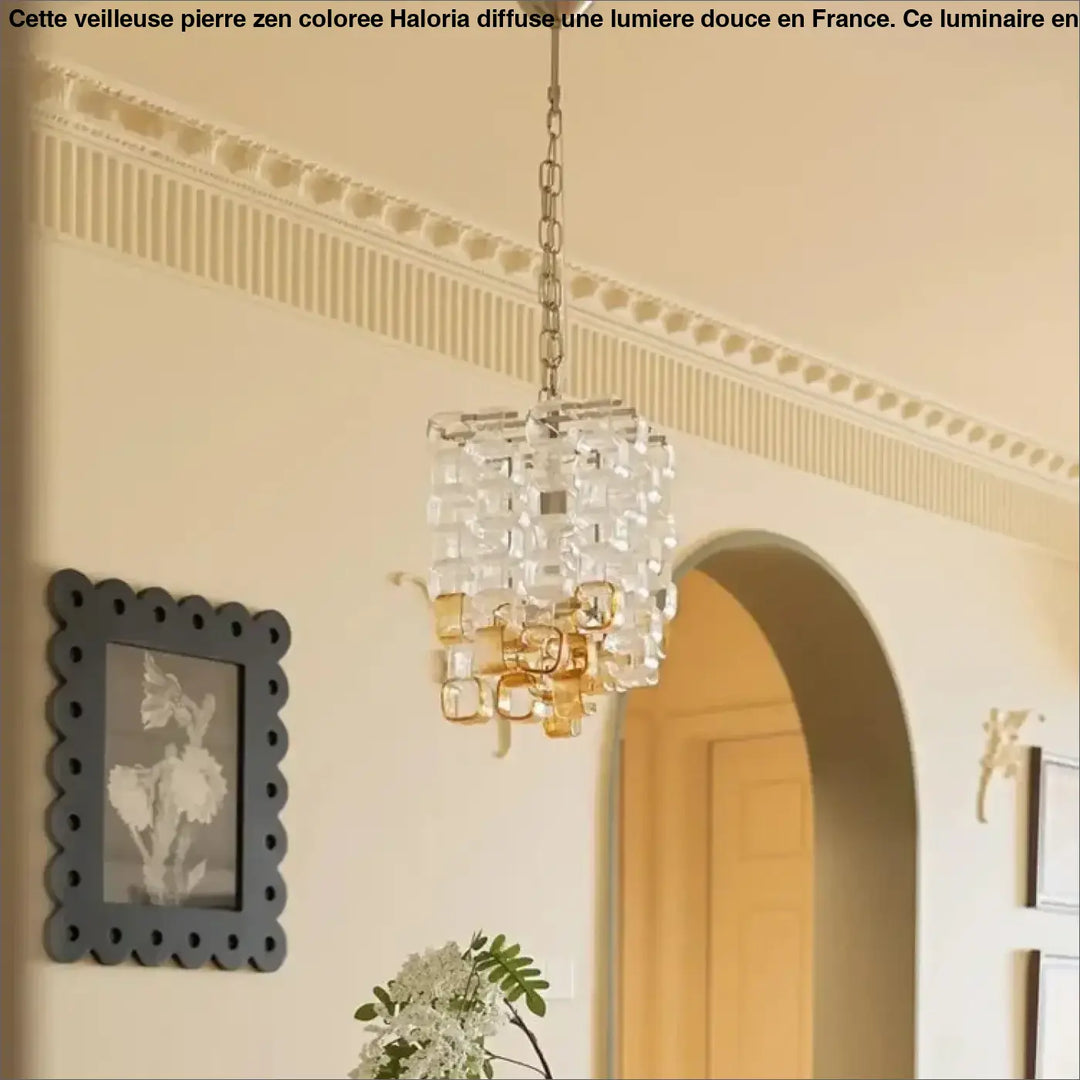 Suspension luminaire lumia avec cubes en verre clair et ambre en motif géométrique et suspension par chaîne