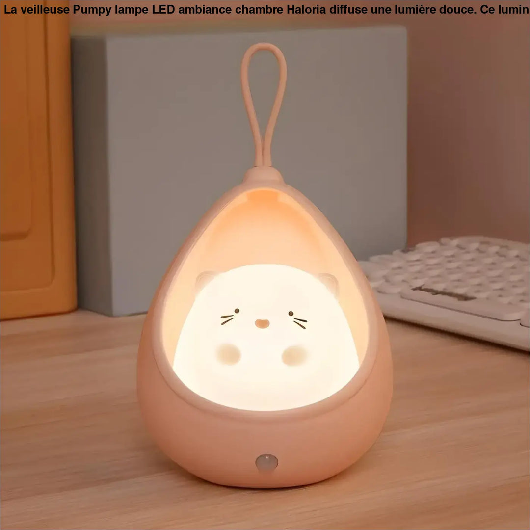 Veilleuse pumpy lampe led ambiance chambre douce couleur pêche avec visage de chat blanc mignon et moustaches noires