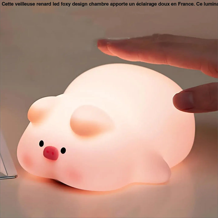 Veilleuse renard led foxy design chambre en peluche rose avec lumière douce chaude et yeux noirs simples