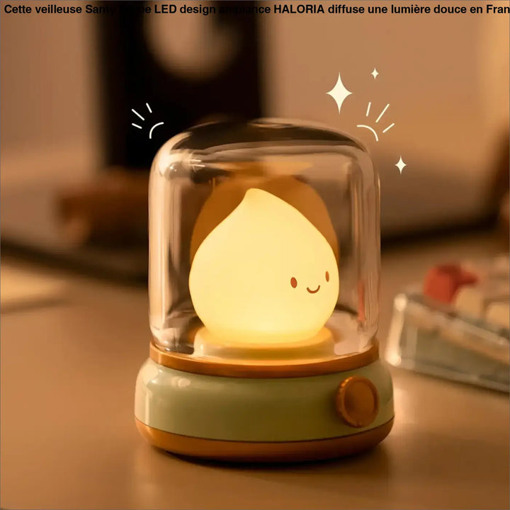 Veilleuse santy lampe led design ambiance jaune douce en verre clair sur base menthe avec accents orange haloria